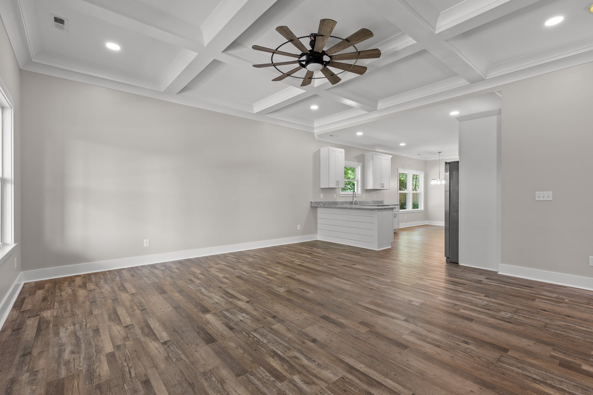 330 12th Ave open living area with a coffered ceiling
