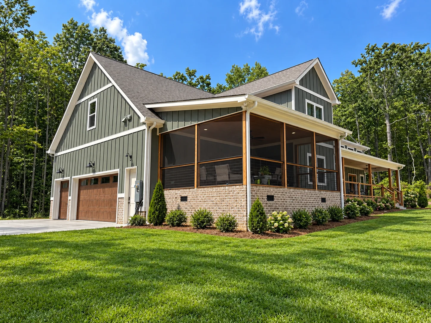 Fox Hill exterior from the garage side, showing the screened porch on a brick base
