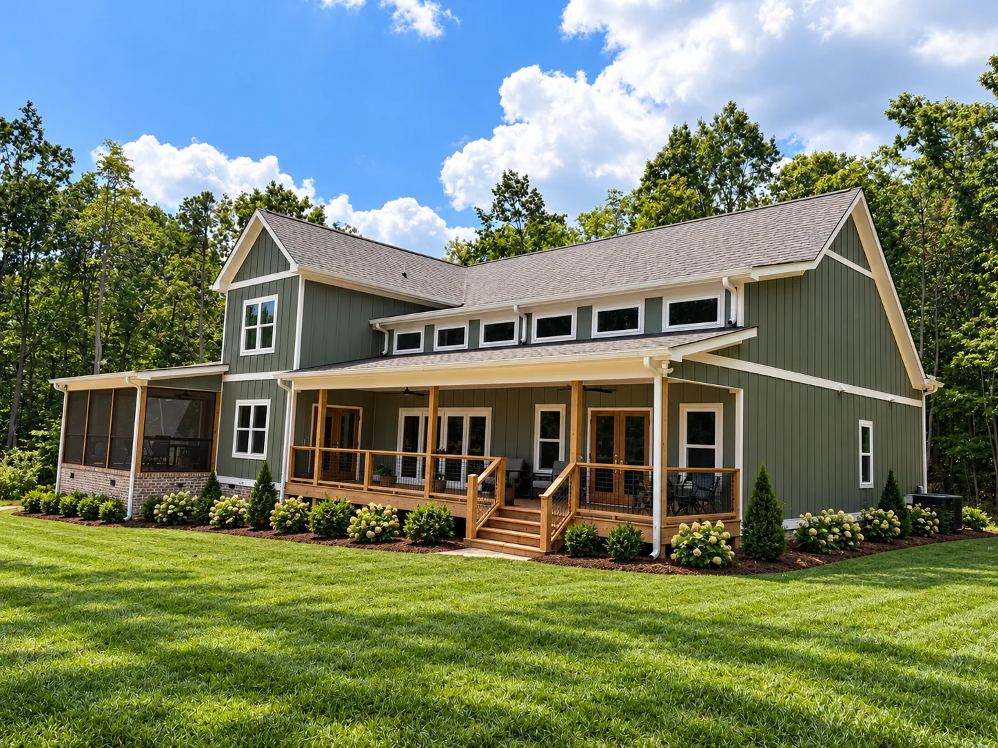 Fox Hill covered porch with a shed dormer above and landscaping along the foundation