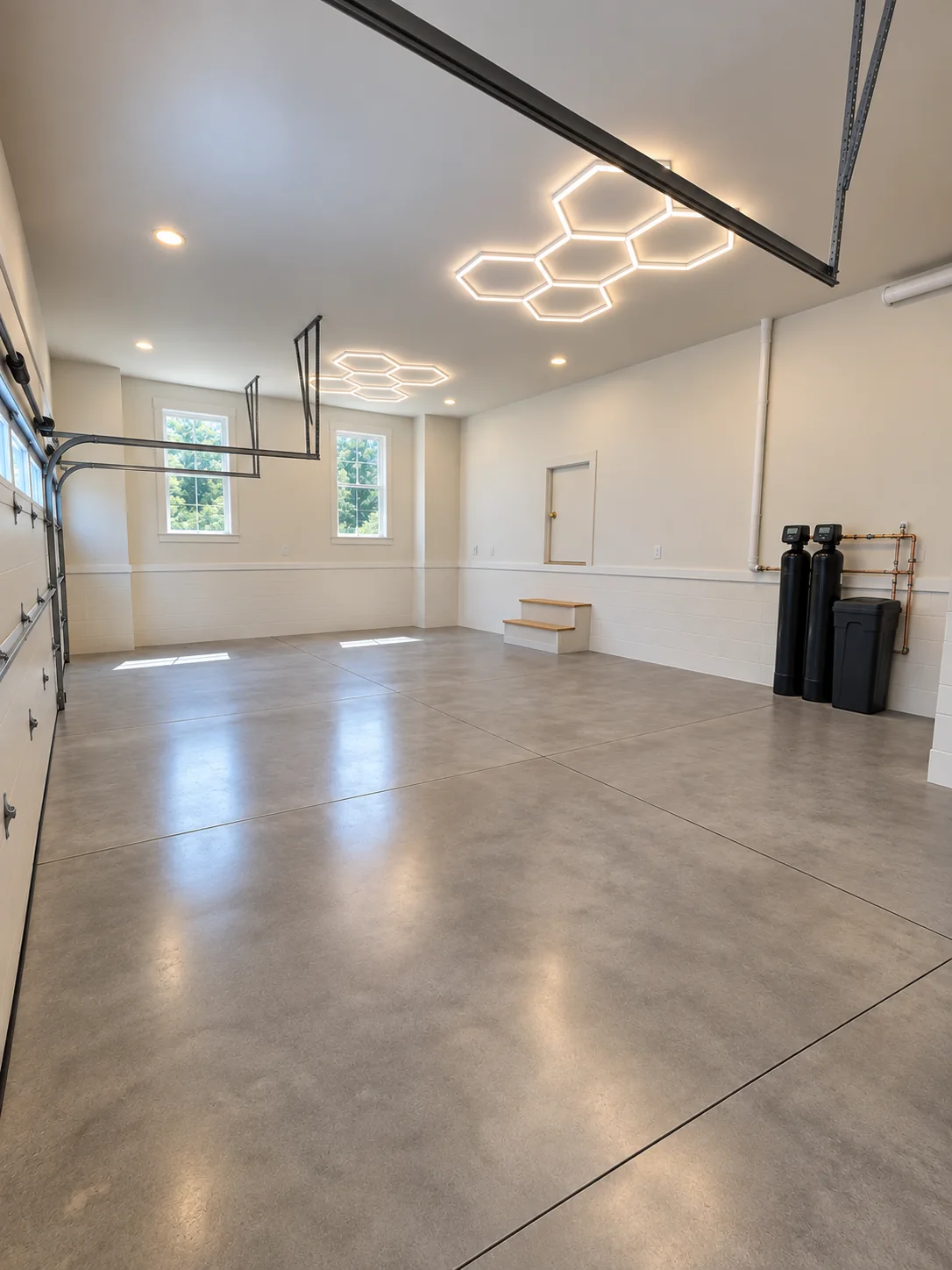 Fox Hill garage interior with a sealed concrete floor and hexagon ceiling lights