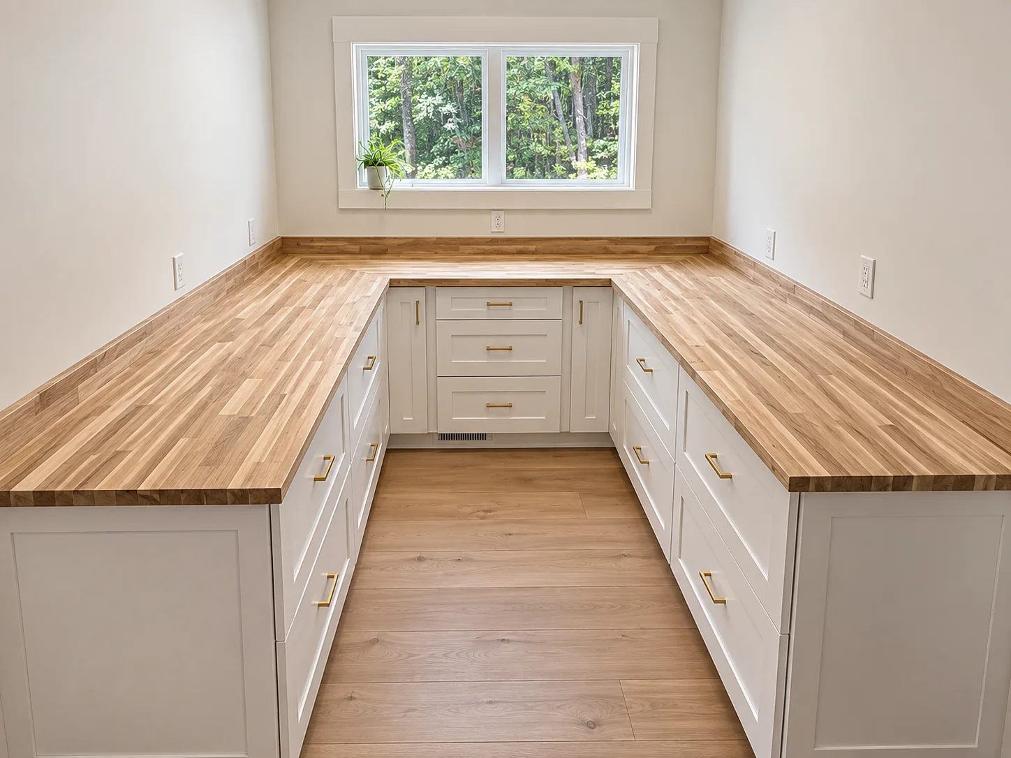Fox Hill workroom with wraparound butcher-block counters under a window