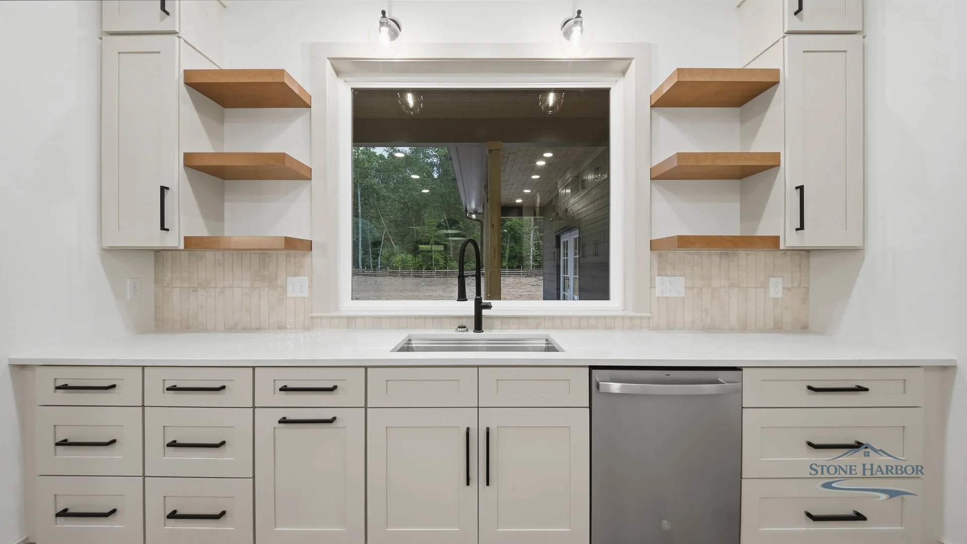 Green Pond kitchen range wall with open shelving