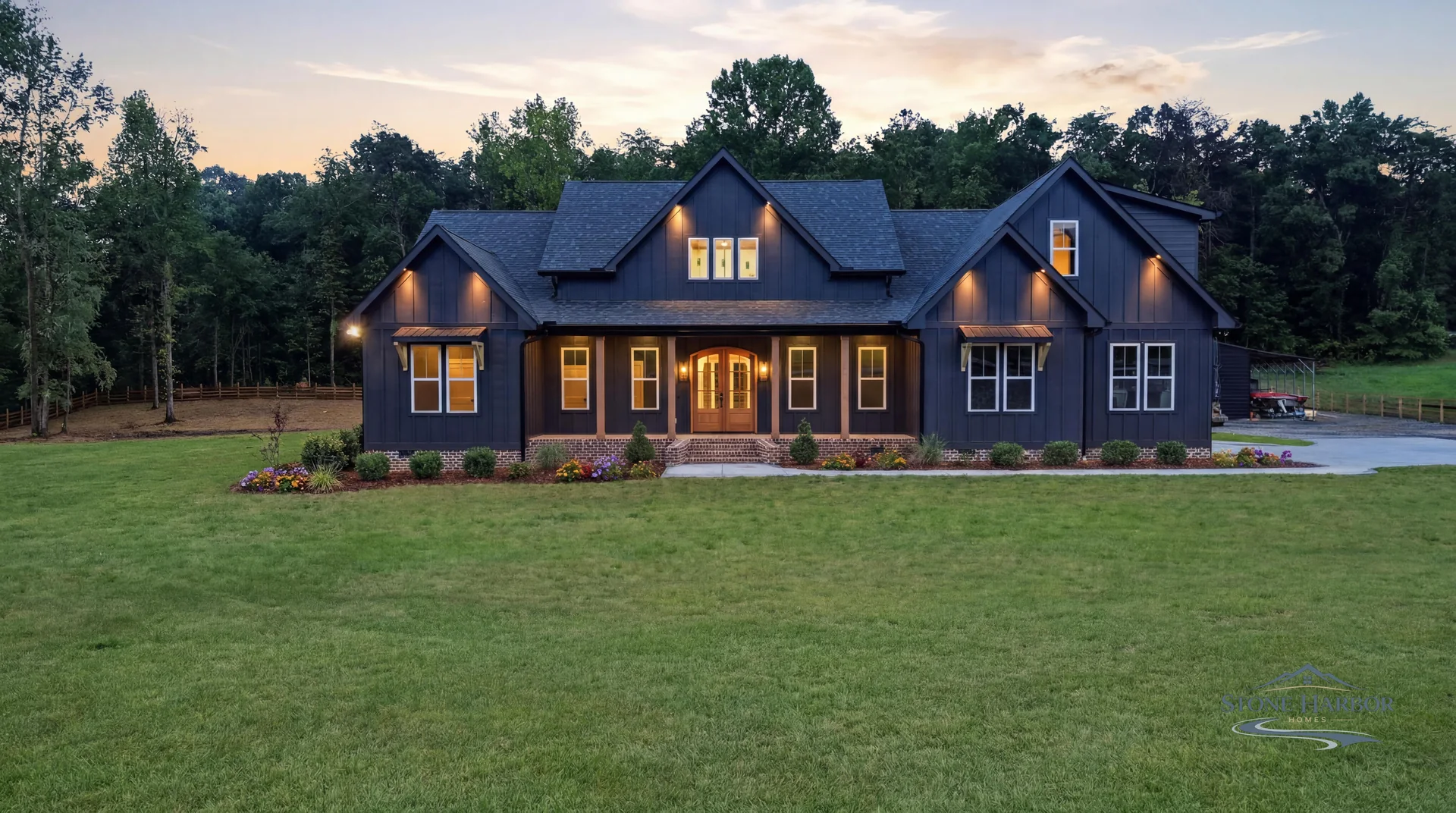 Green Pond front exterior at twilight