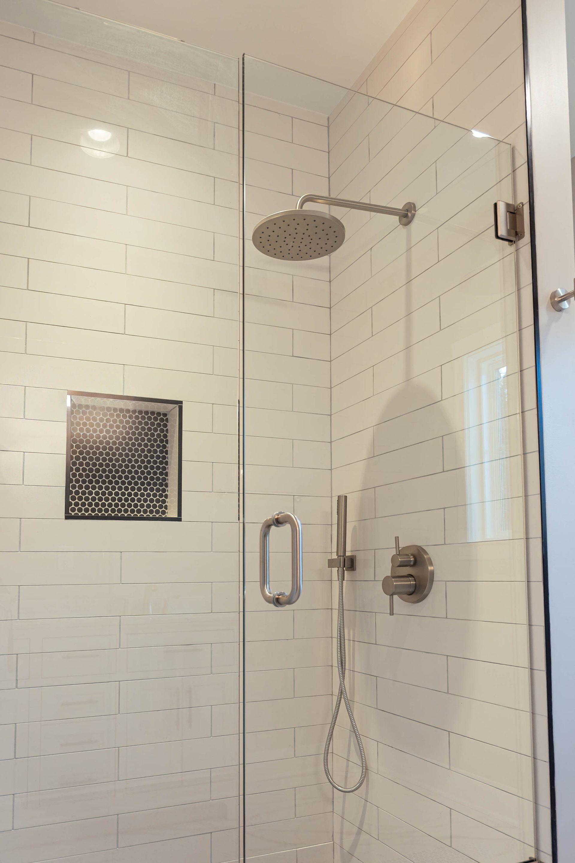 Lightning Drive tiled walk-in shower with a built-in bench