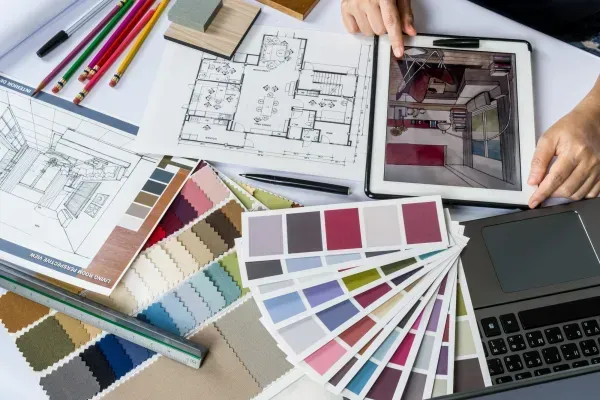 Designer reviewing a custom home layout on a tablet