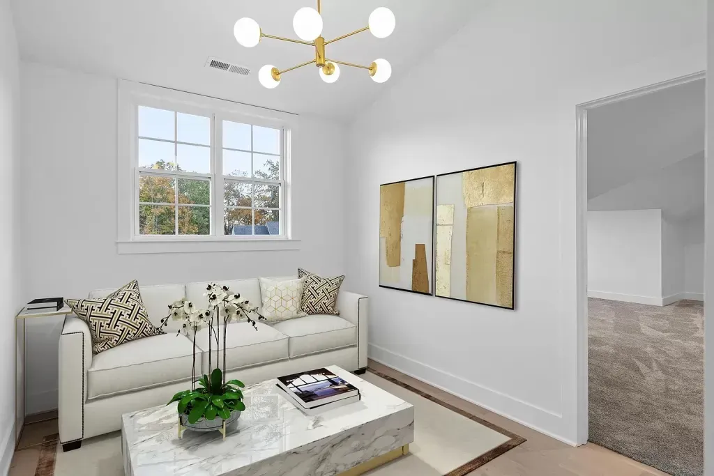 Bright bedroom with brass chandelier and light floors