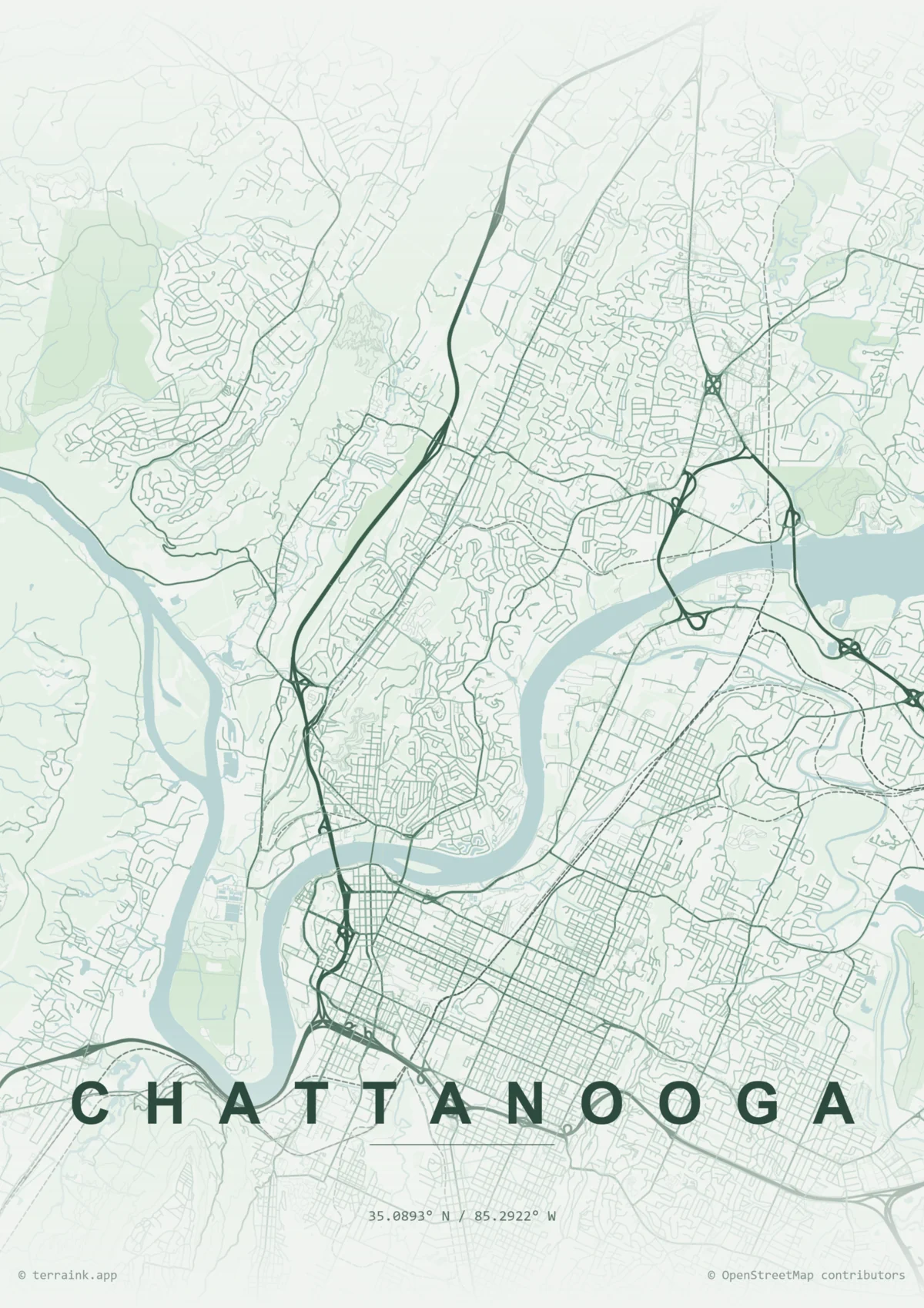 Stylized illustrated map of Chattanooga showing the Tennessee River, road network, and surrounding terrain